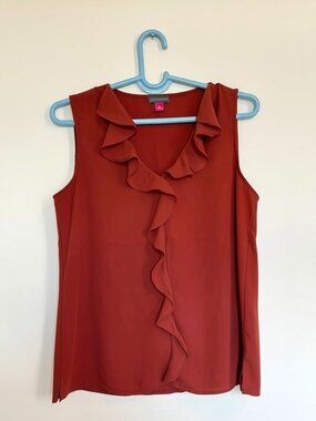 Vince Camuto Rust Ruffle Front Sleeveless Blouse Size M